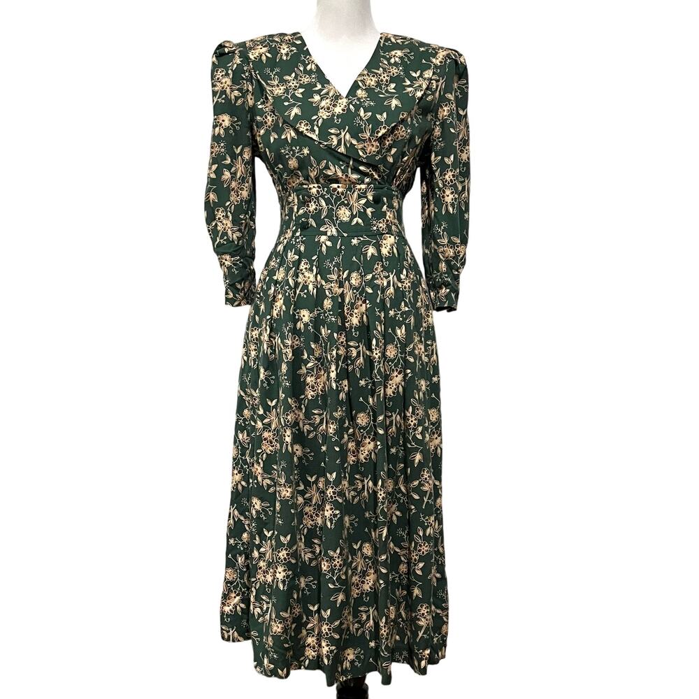 Vintage L.G. Star Green Floral Midi Dress Collar Pleated Shoulders Women’s Sz 8